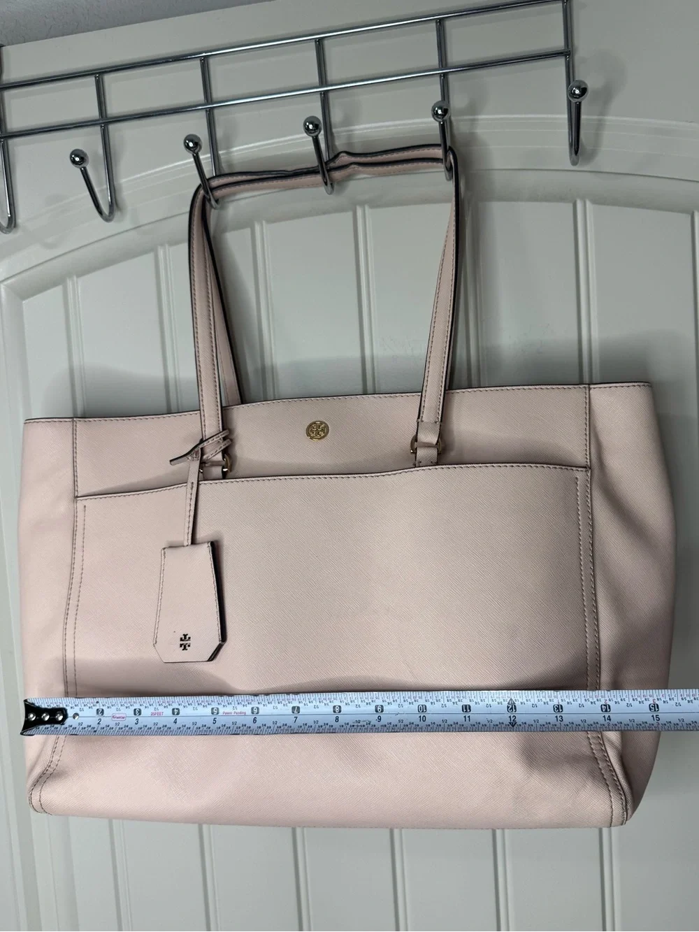 TORY BURCH 🤍 Pale Blush Pink Leather Large Shoulder Tote, Navy, Gold - 10x15”